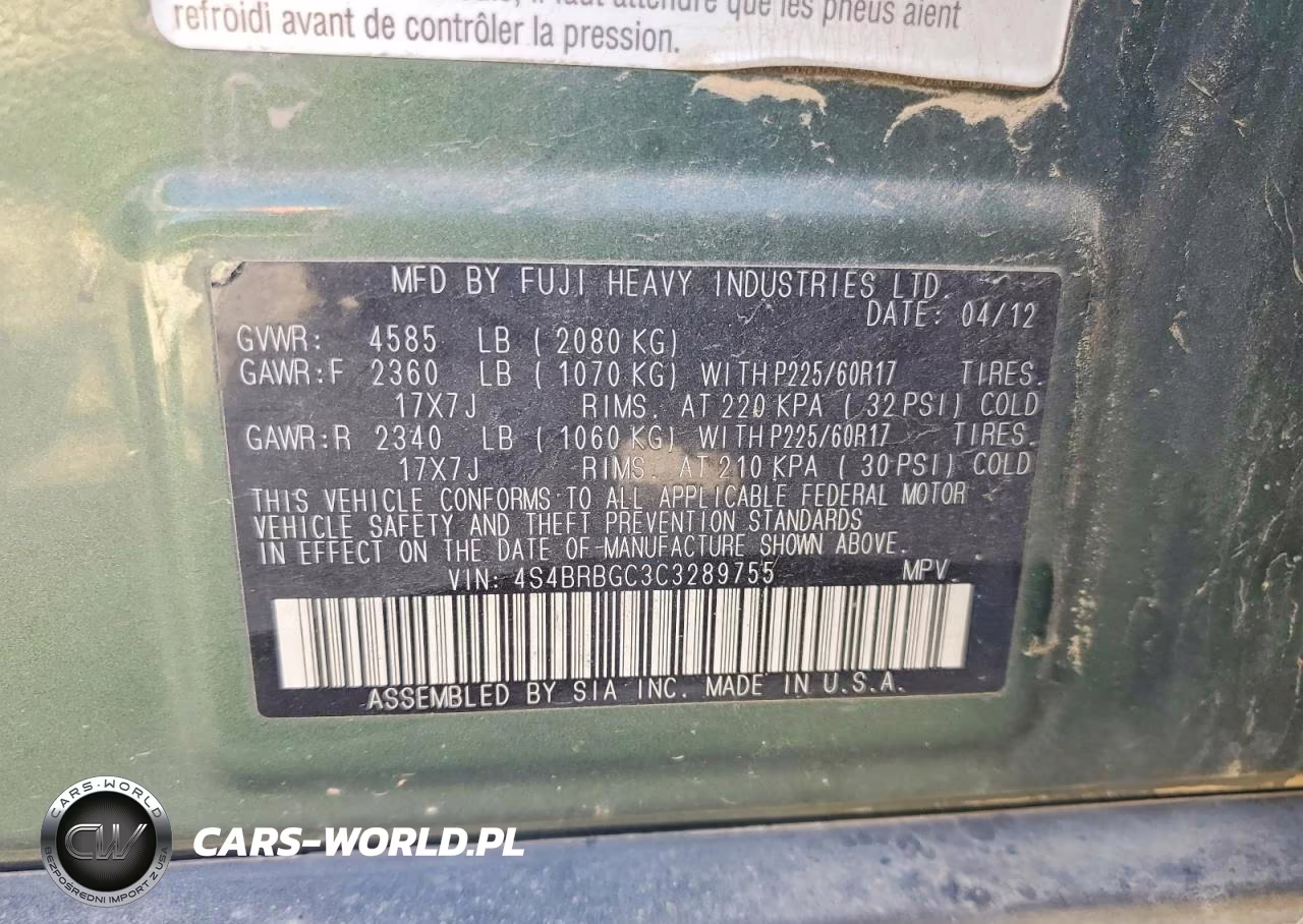2012 Subaru Outback 2.5I Premium VIN:4S4BRBGC3C3289755 - 12