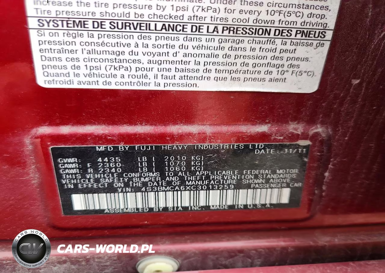 2012 Subaru Legacy 2.5I VIN:4S3BMCA6XC3013259 - 12