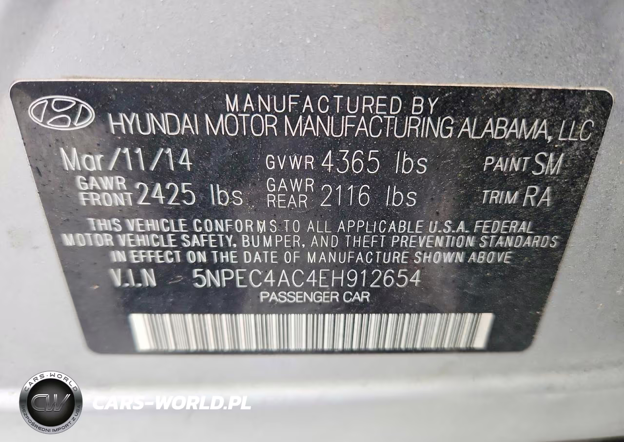 2014 Hyundai Sonata Se VIN:5NPEC4AC4EH912654 - 12
