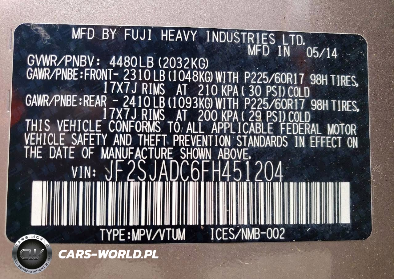 2015 Subaru Forester 2.5I Premium VIN:JF2SJADC6FH451204 - 12