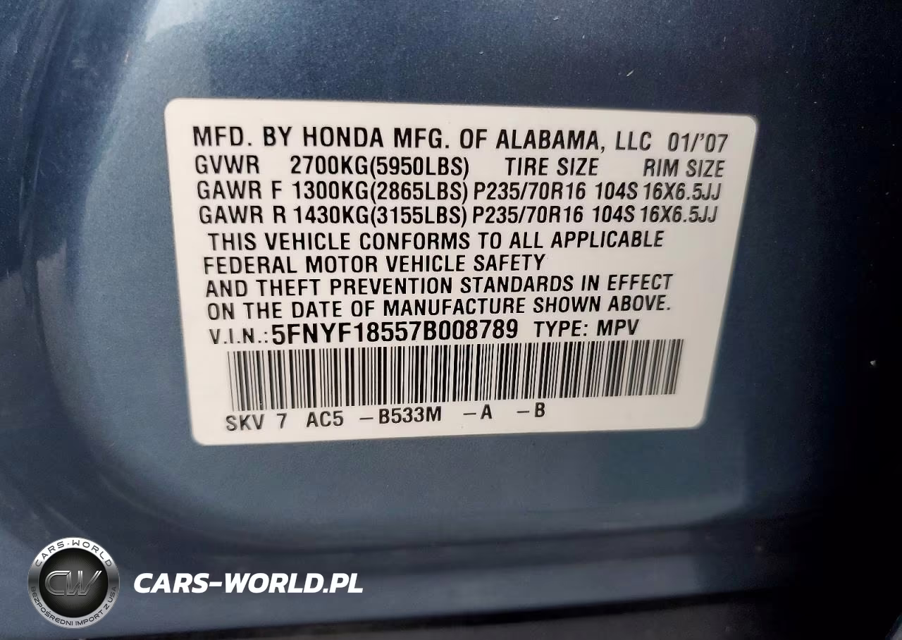 2007 Honda Pilot Exl VIN:5FNYF18557B008789 - 13