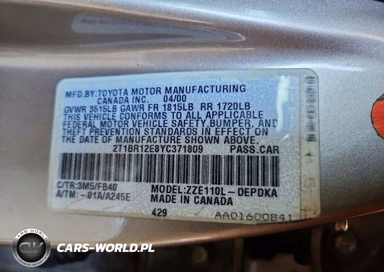 2000 Toyota Corolla Ve VIN:2T1BR12E8YC371809 - 12
