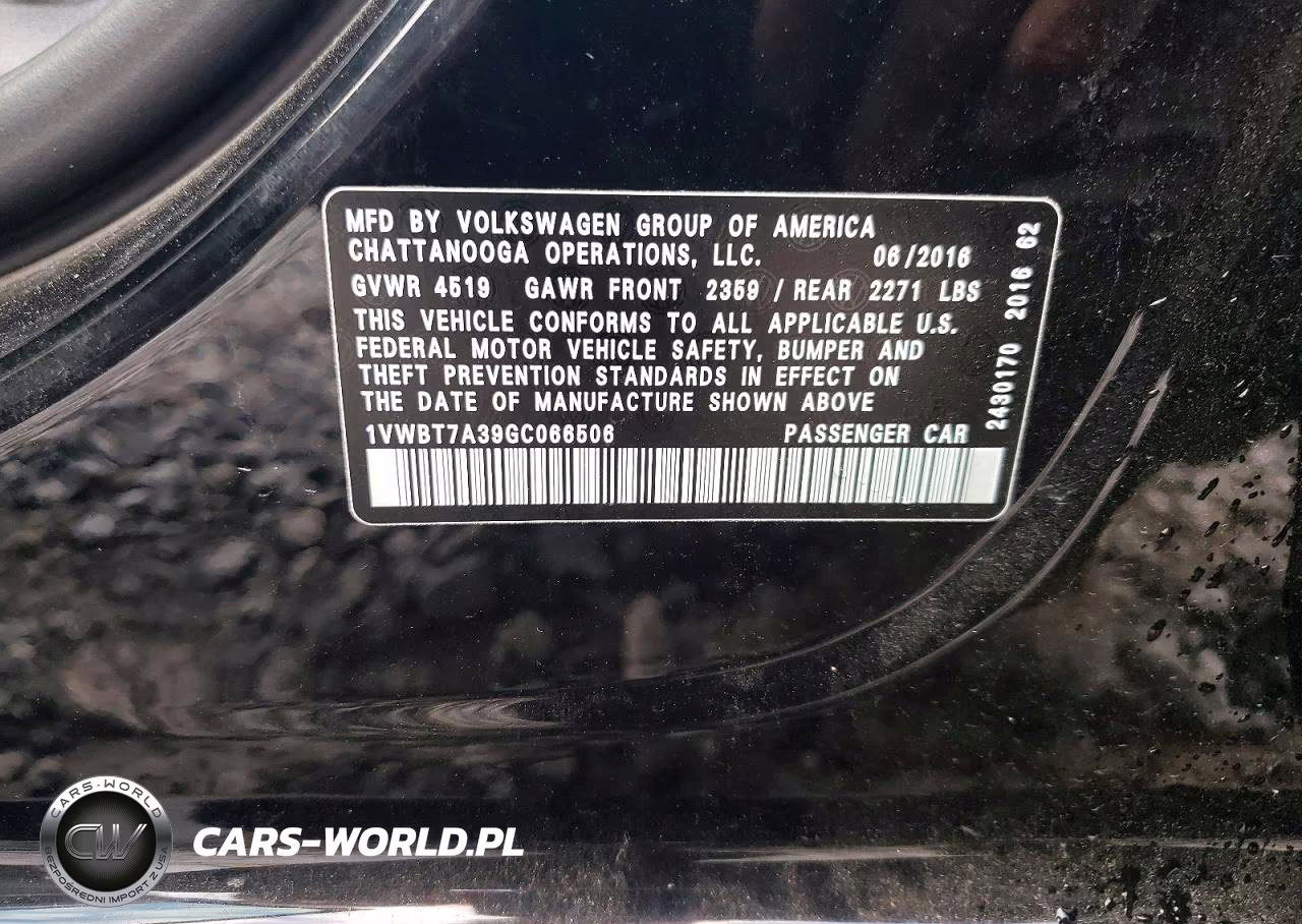 2016 Volkswagen Passat Se VIN:1VWBT7A39GC066506 - 13