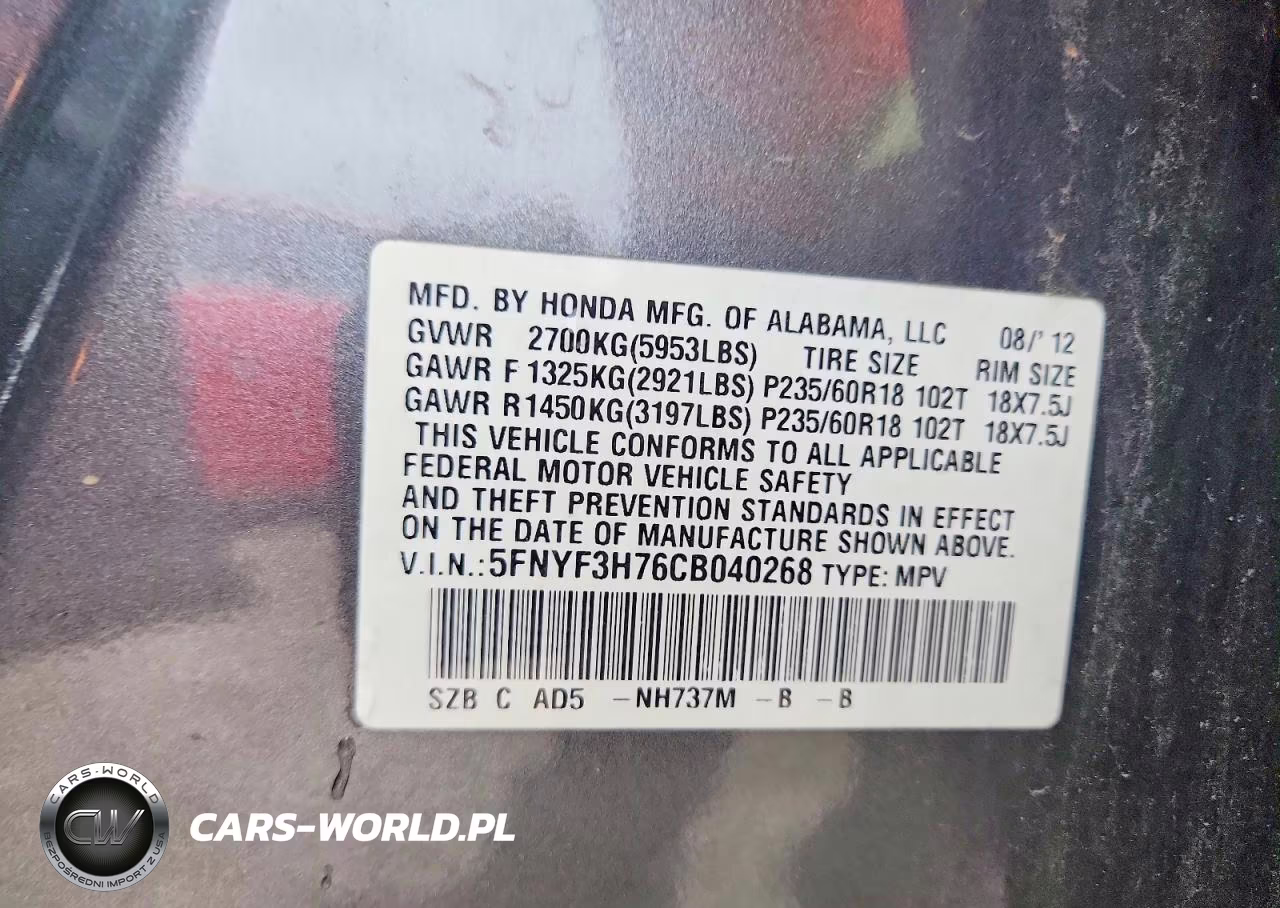 2012 Honda Pilot Exln VIN:5FNYF3H76CB040268 - 13
