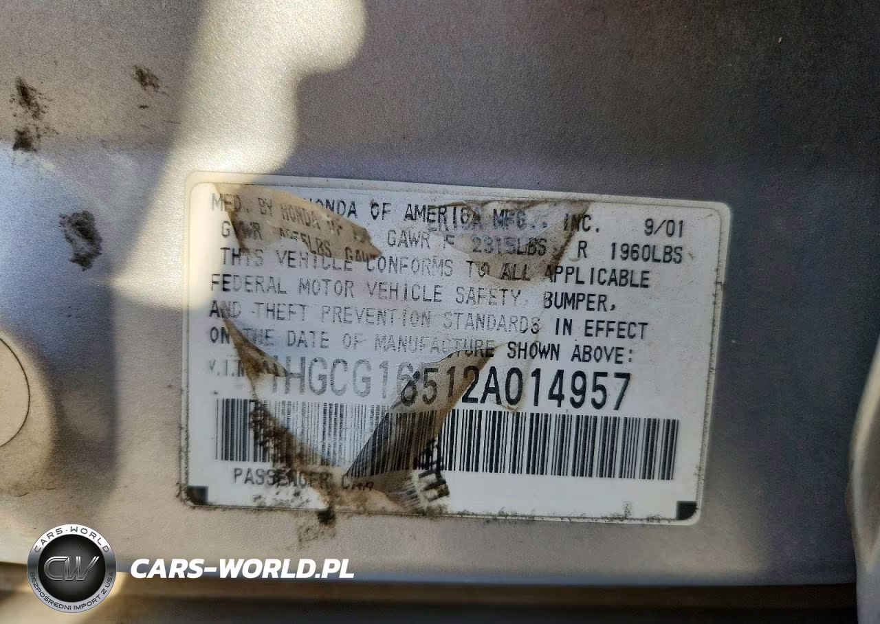 2002 Honda Accord Ex VIN:1HGCG16512A014957 - 12