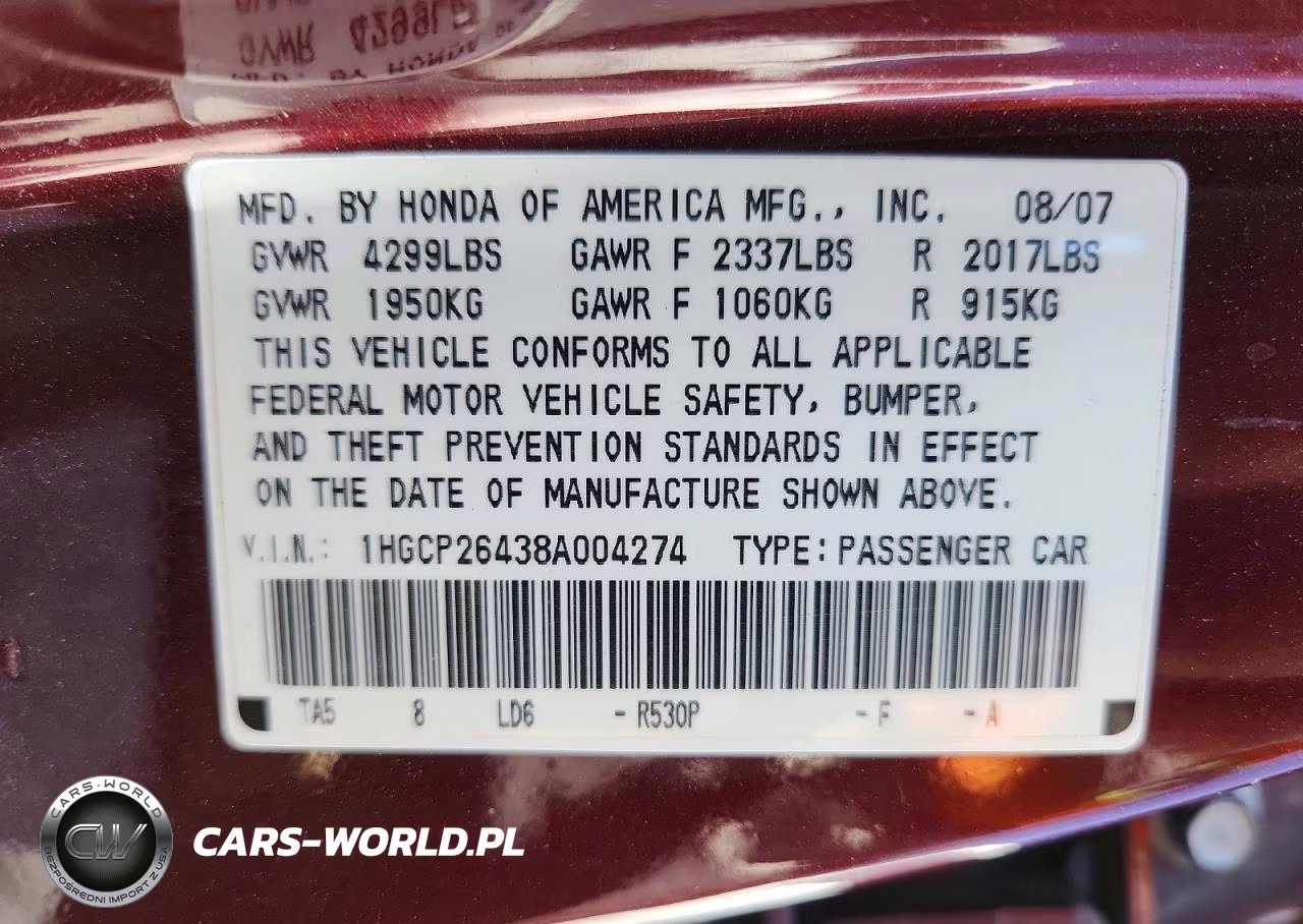 2008 Honda Accord Lxp VIN:1HGCP26438A004274 - 12