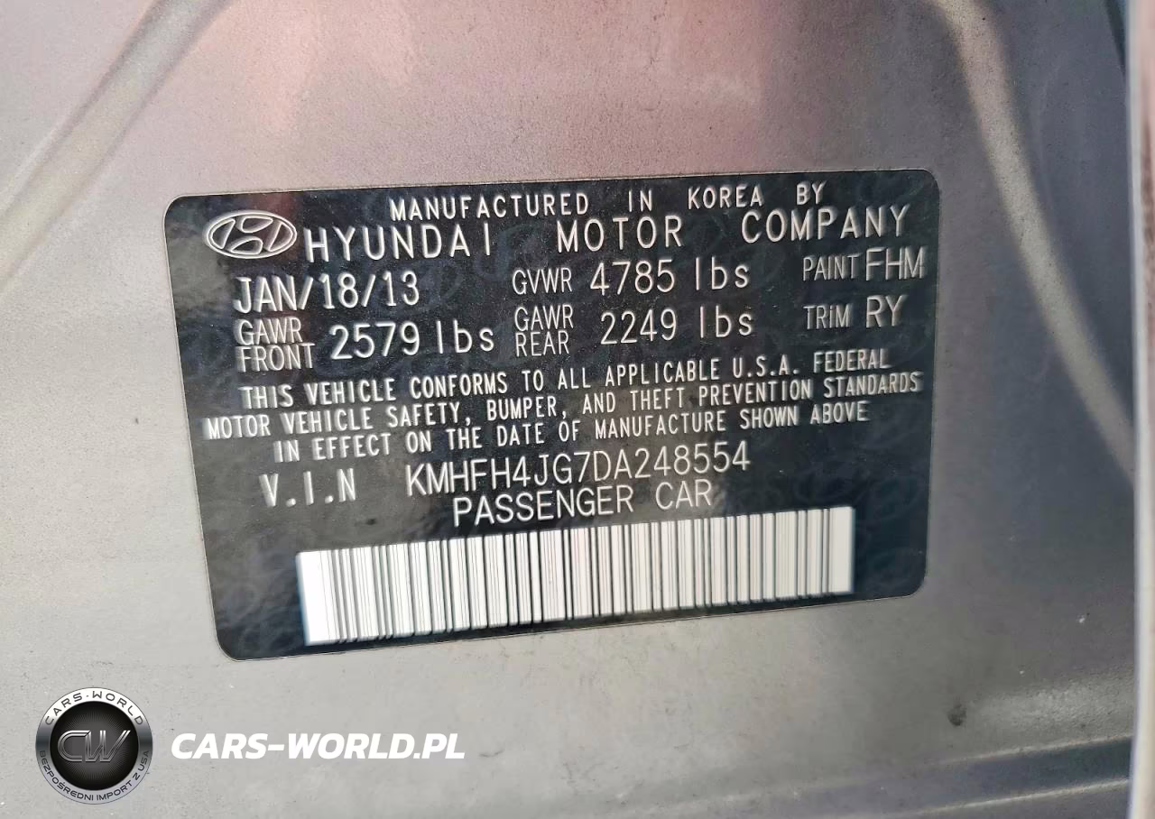 2013 Hyundai Azera Base VIN:KMHFH4JG7DA248554 - 12