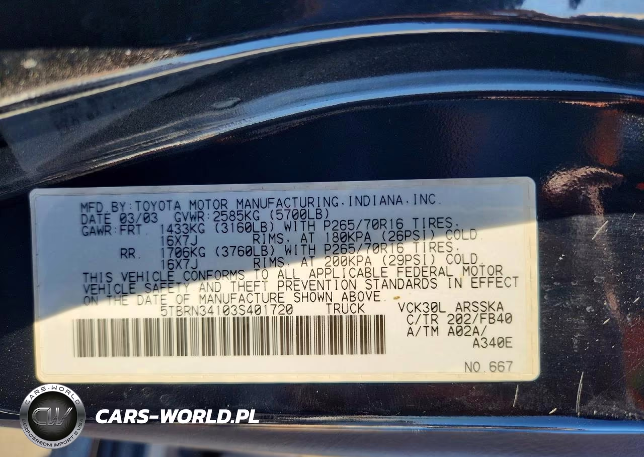 2003 Toyota Tundra Sr5 VIN:5TBRN34103S401720 - 12