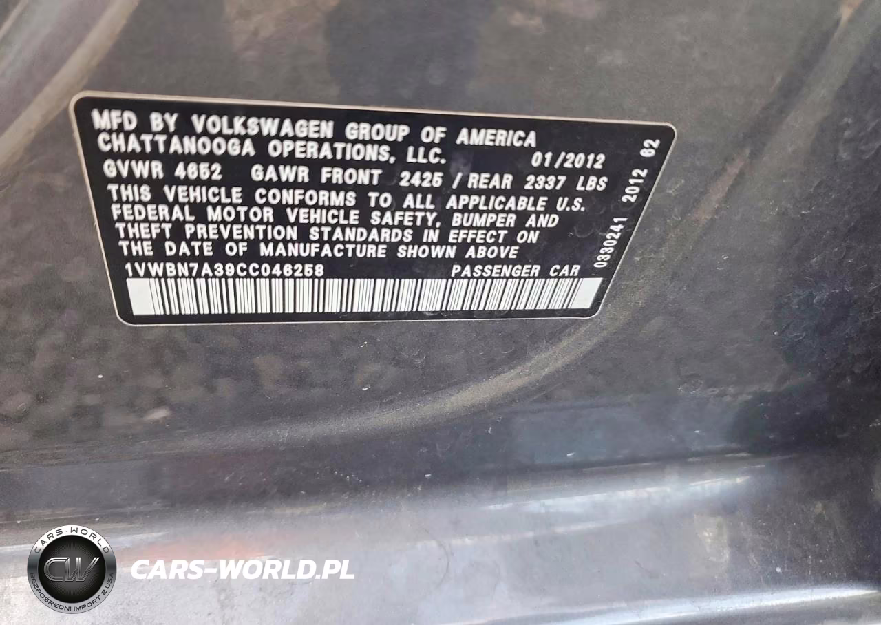 2012 Volkswagen Passat Se VIN:1VWBN7A39CC046258 - 12