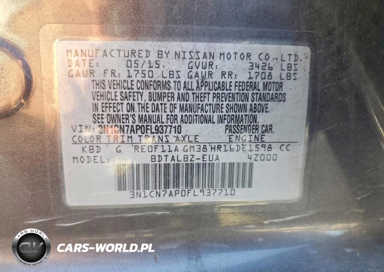 2015 Nissan Versa 1.6 Sv VIN:3N1CN7AP0FL937710 - 12