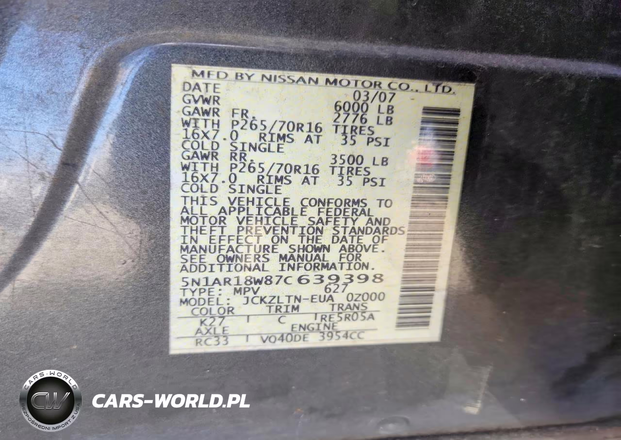 2007 Nissan Pathfinder S VIN:5N1AR18W87C639398 - 13