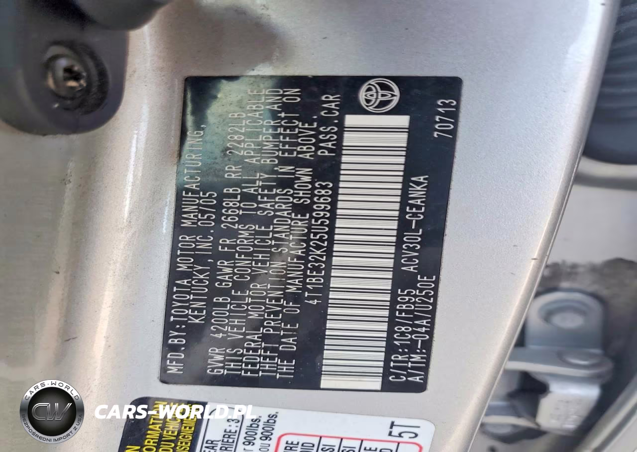 2005 Toyota Camry Standard VIN:4T1BE32K25U599683 - 12