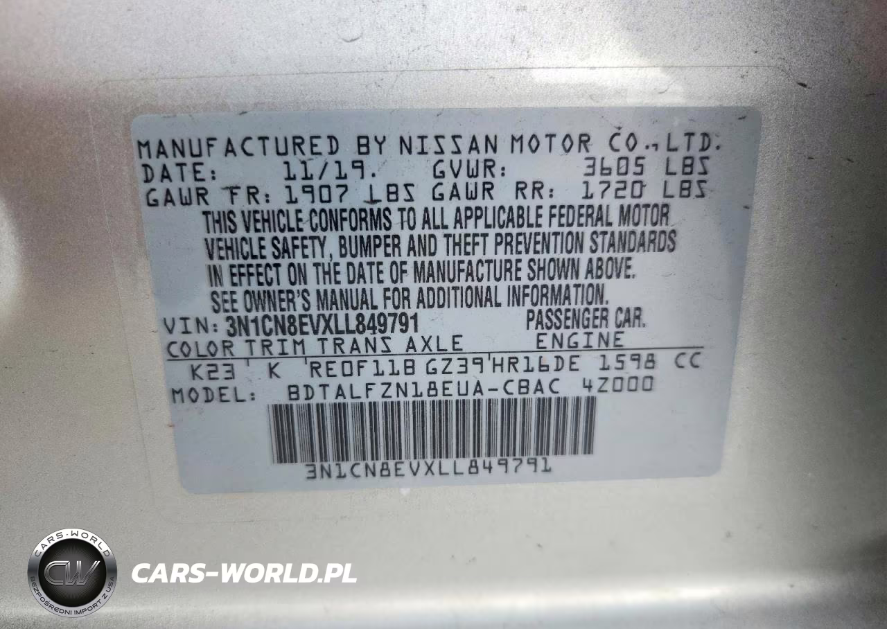 2020 Nissan Versa Sv VIN:3N1CN8EVXLL849791 - 12