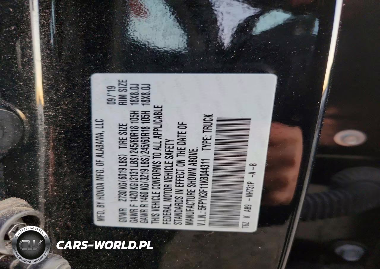 2019 Honda Ridgeline Sport VIN:5FPYK3F11KB044311 - 13