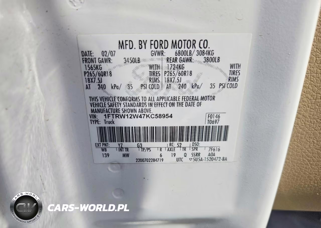 2007 Ford F150 Supercrew VIN:1FTRW12W47KC58954 - 12