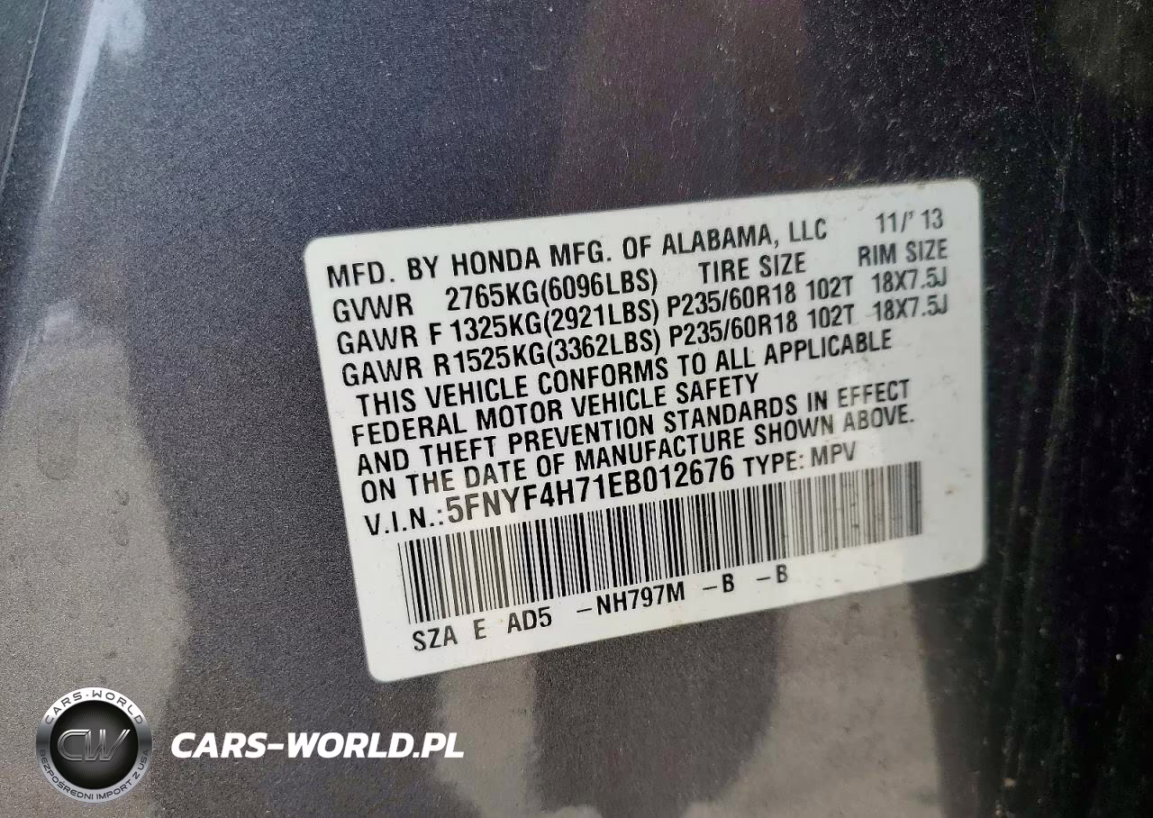 2014 Honda Pilot Exln VIN:5FNYF4H71EB012676 - 13