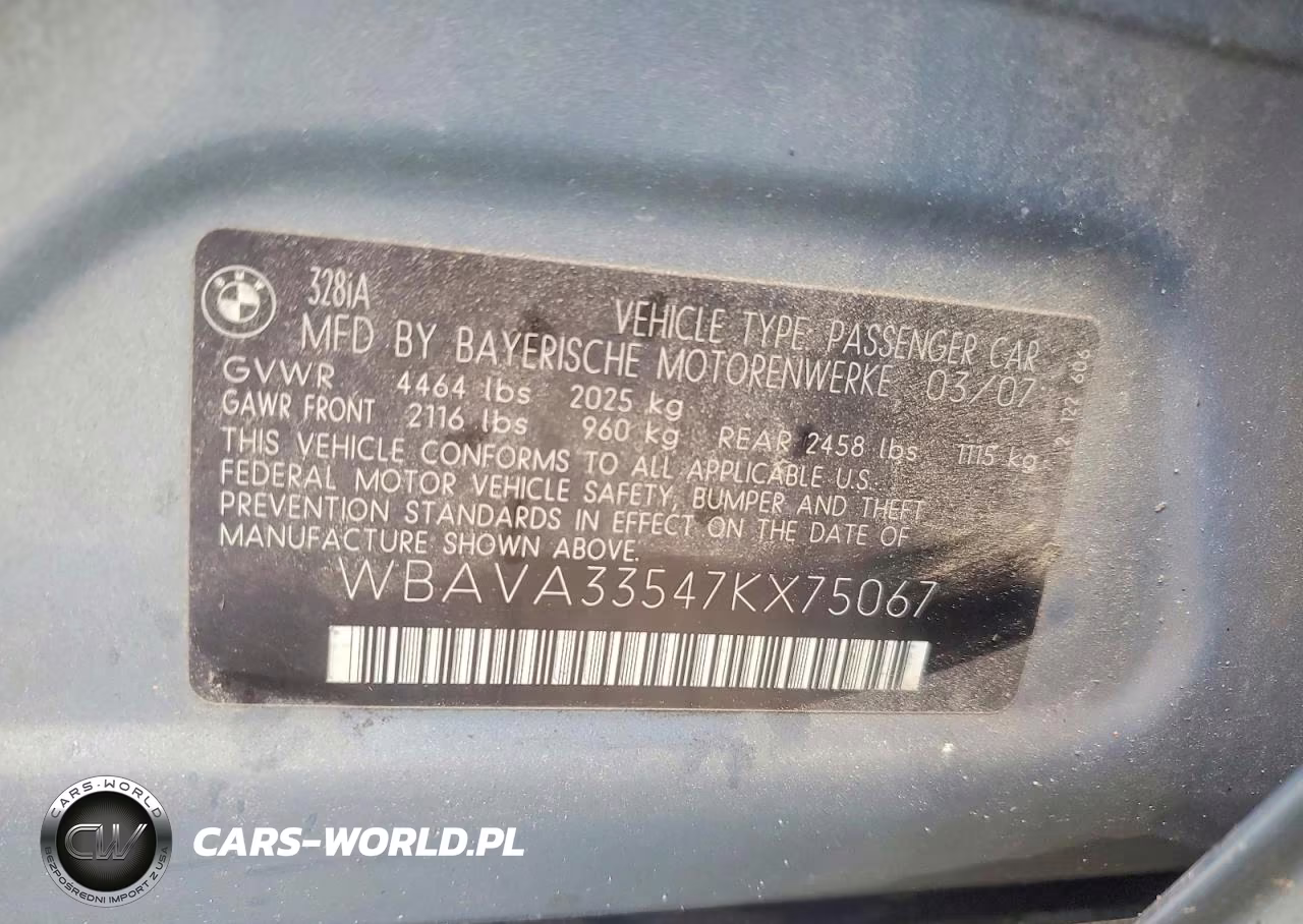 2007 BMW 328 I VIN:WBAVA33547KX75067 - 12