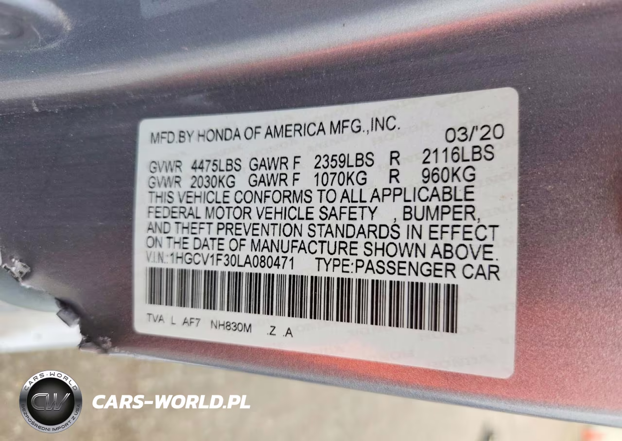 2020 Honda Accord Sport VIN:1HGCV1F30LA080471 - 12