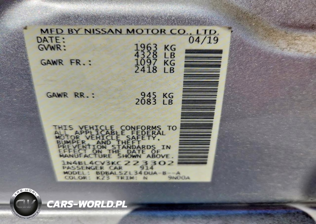 2019 Nissan Altima Sr VIN:1N4BL4CV3KC223302 - 12