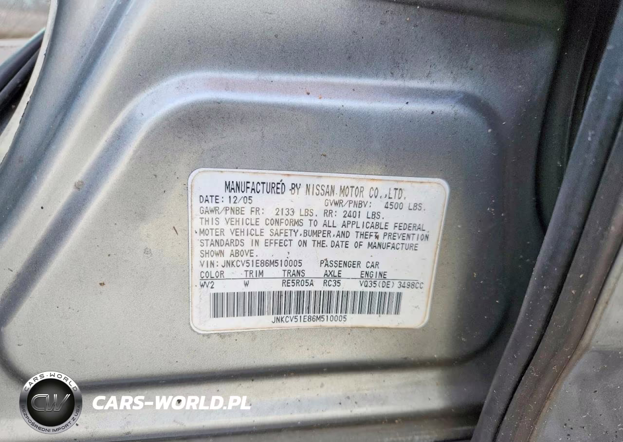 2006 Infiniti G35 Base VIN:JNKCV51E86M510005 - 12