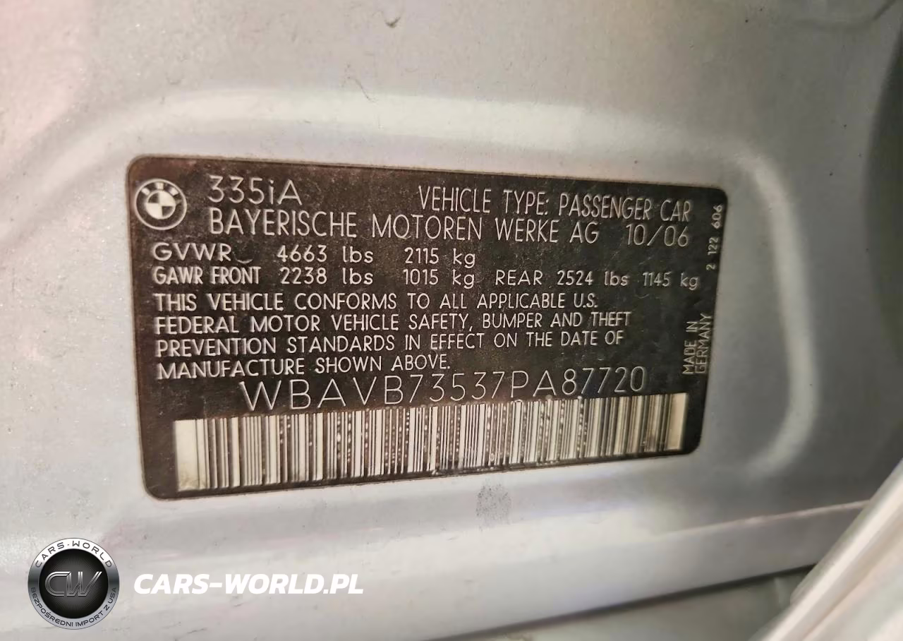 2007 BMW 335 I VIN:WBAVB73537PA87720 - 12