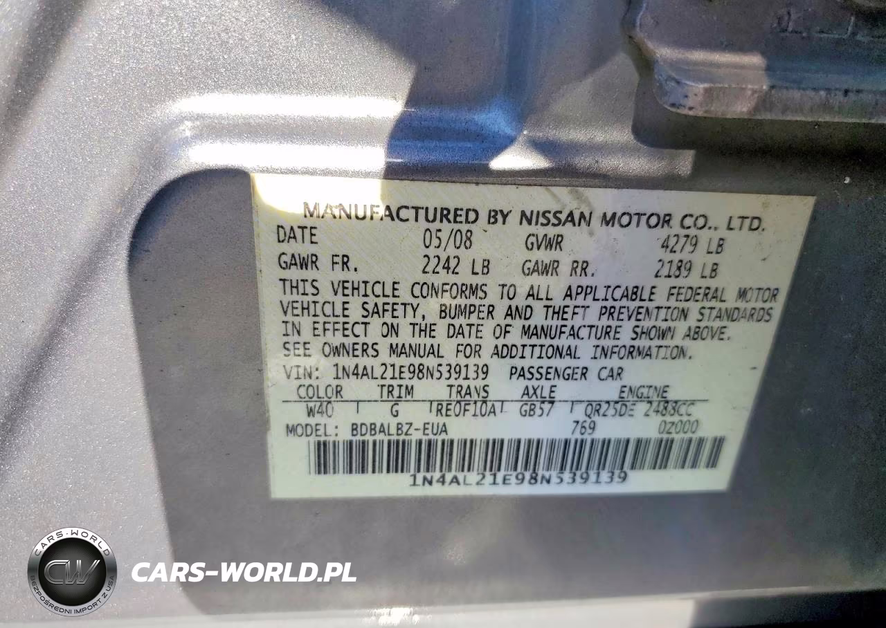2008 Nissan Altima 2.5 VIN:1N4AL21E98N539139 - 12