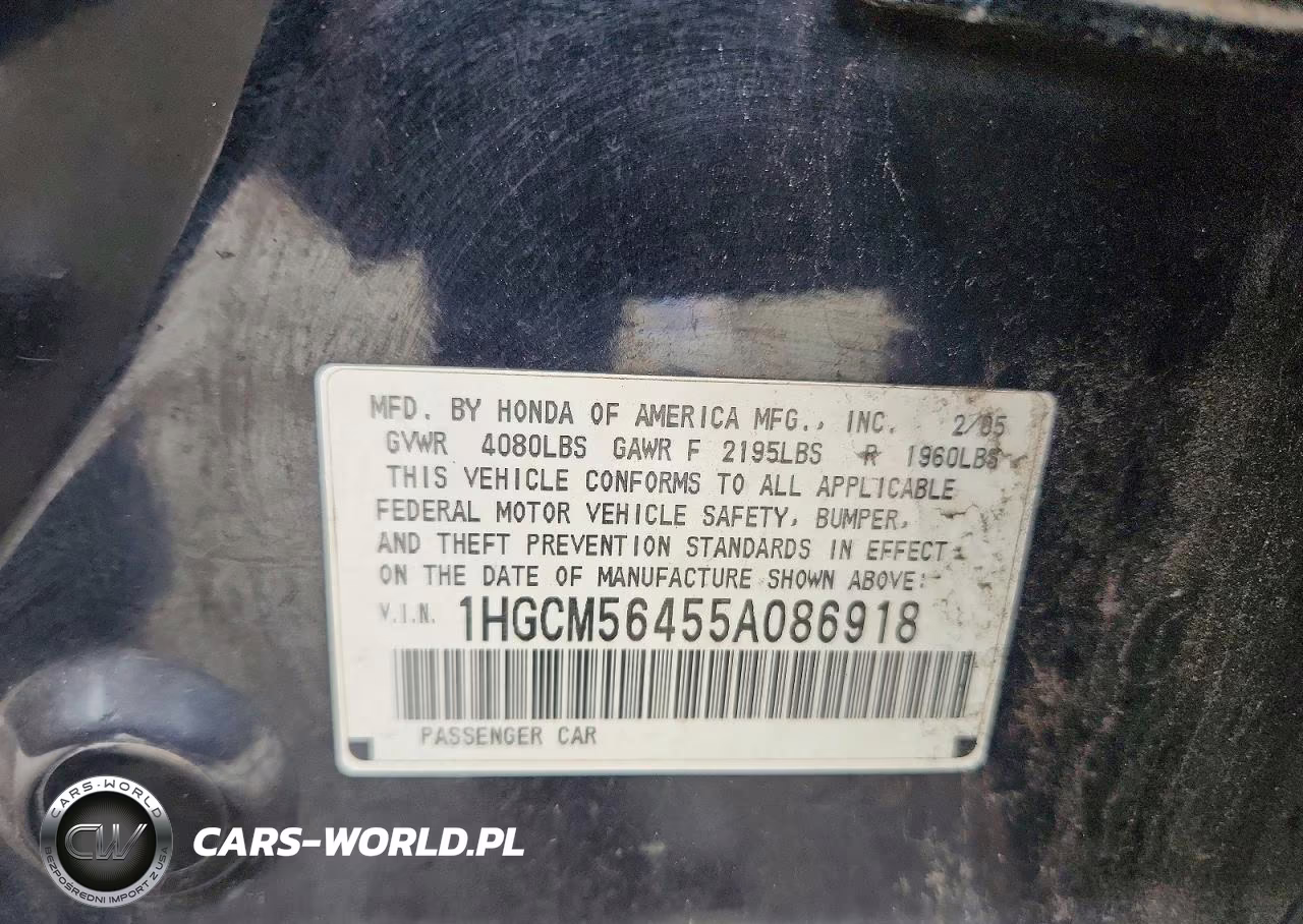 2005 Honda Accord Lx VIN:1HGCM56455A086918 - 12