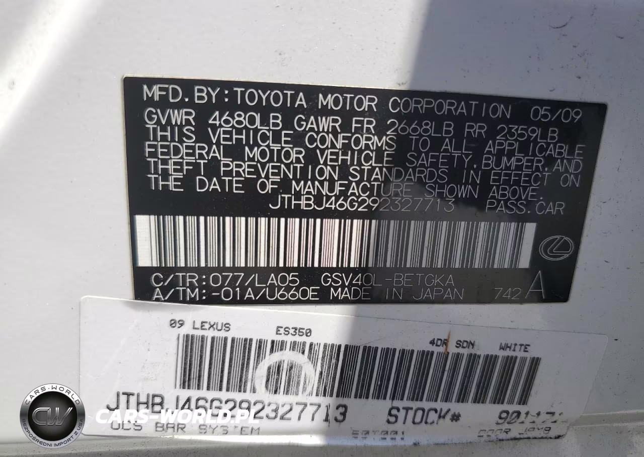 2009 Lexus Es 350 VIN:JTHBJ46G292327713 - 12