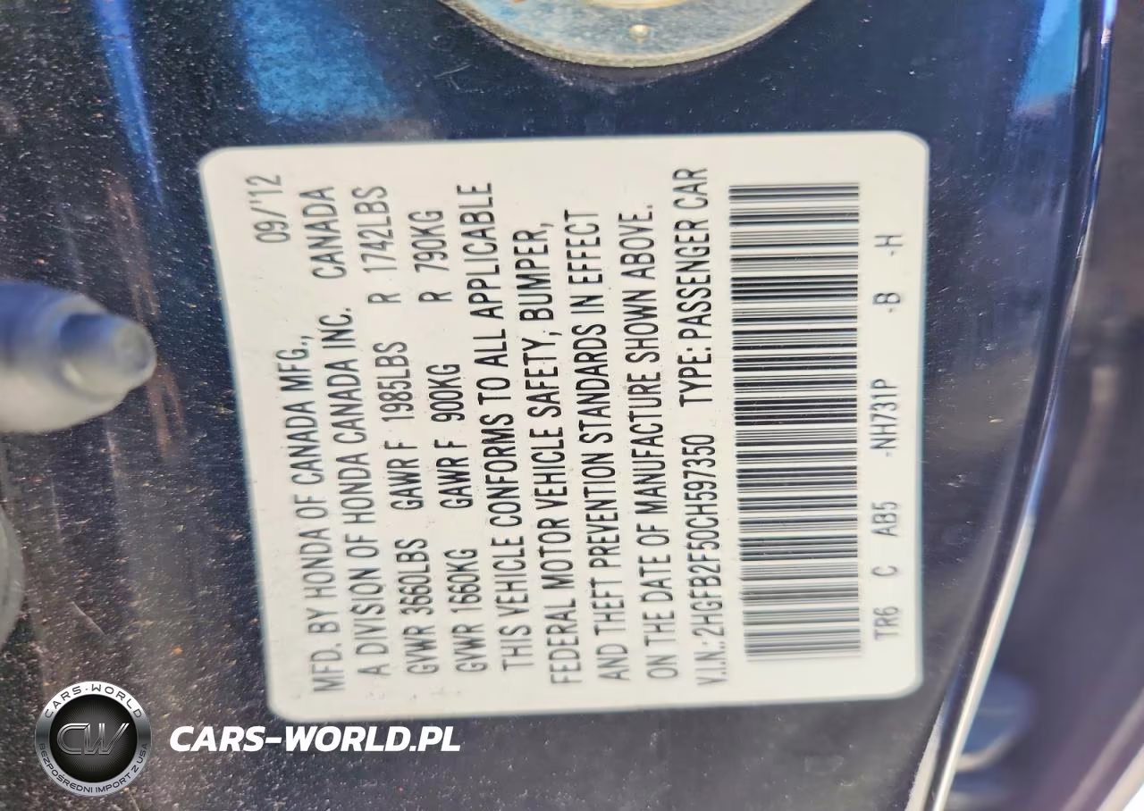 2012 Honda Civic Lx VIN:2HGFB2F50CH597350 - 12