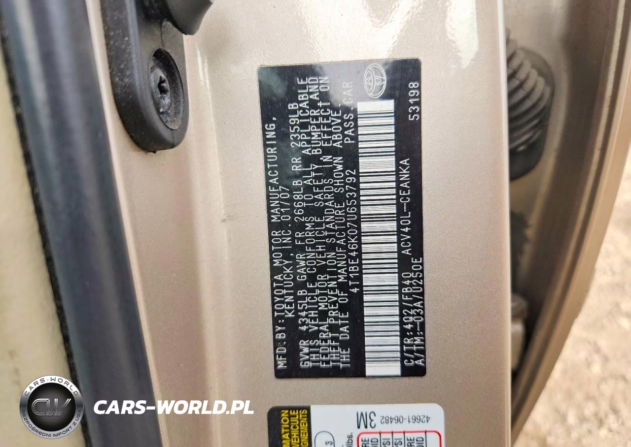 2007 Toyota Camry Le VIN:4T1BE46K07U653792 - 12