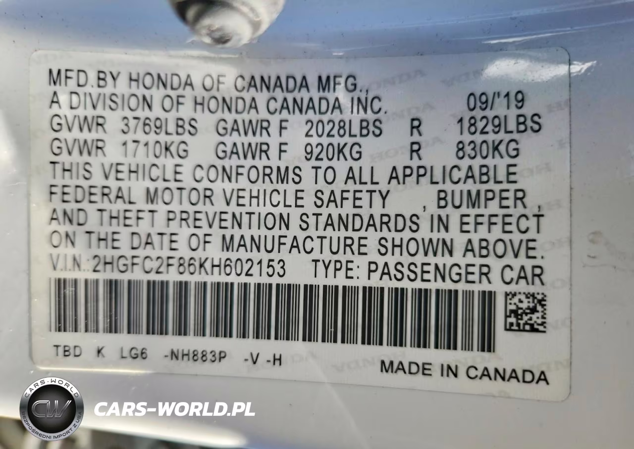 2019 Honda Civic Sport VIN:2HGFC2F86KH602153 - 12