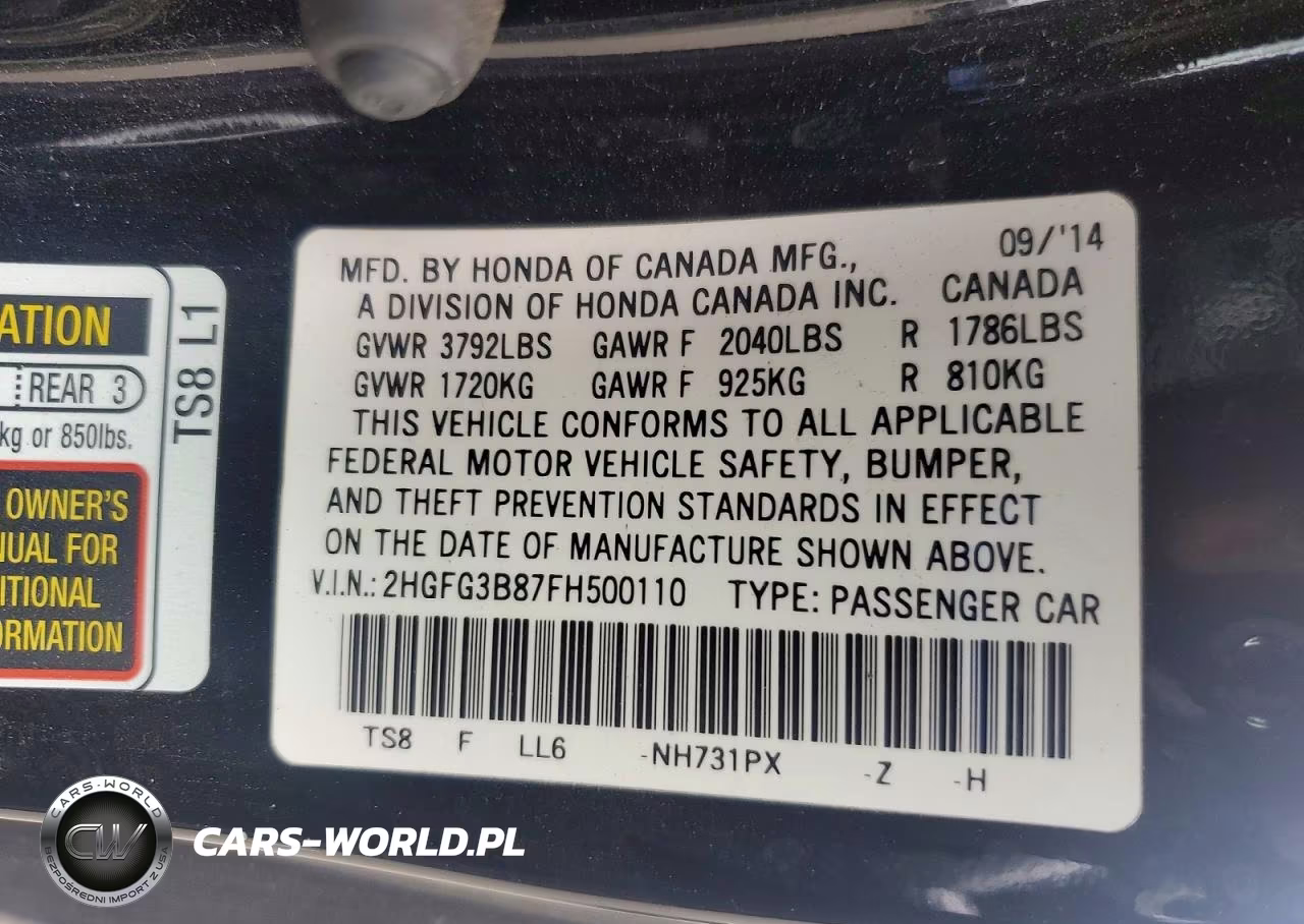 2015 Honda Civic Ex VIN:2HGFG3B87FH500110 - 12