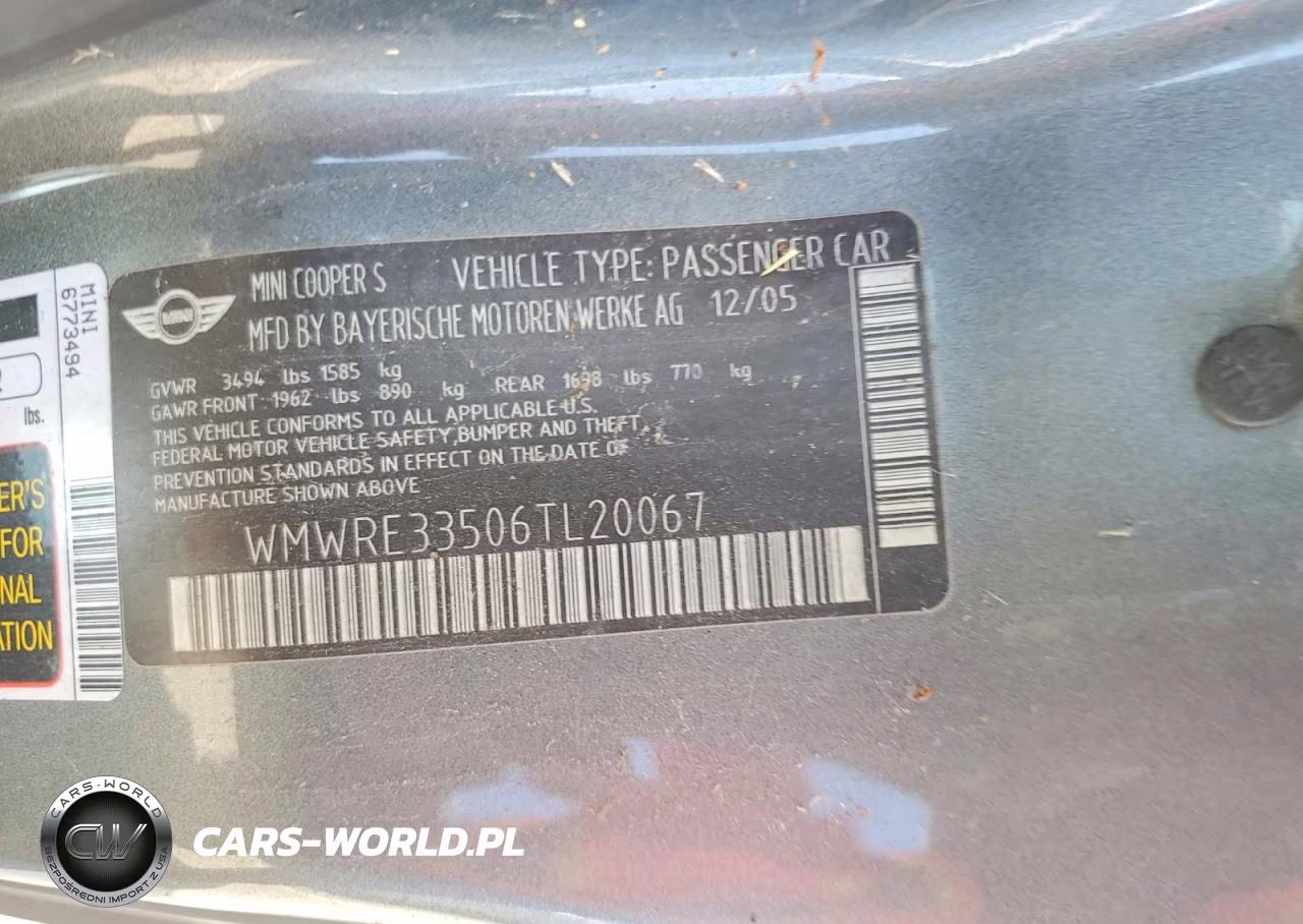 2006 Mini Cooper S VIN:WMWRE33506TL20067 - 12