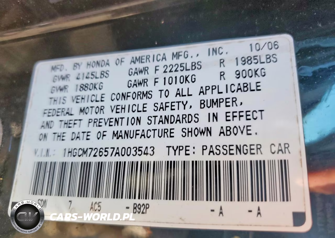 2007 Honda Accord VIN:1HGCM72657A003543 - 13