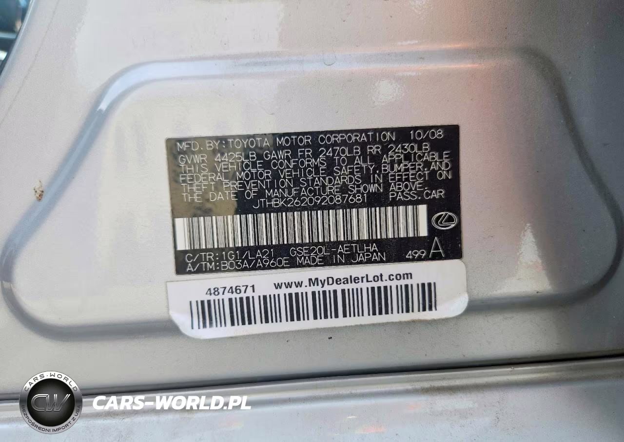 2009 Lexus Is 250 Base VIN:JTHBK262092087681 - 12