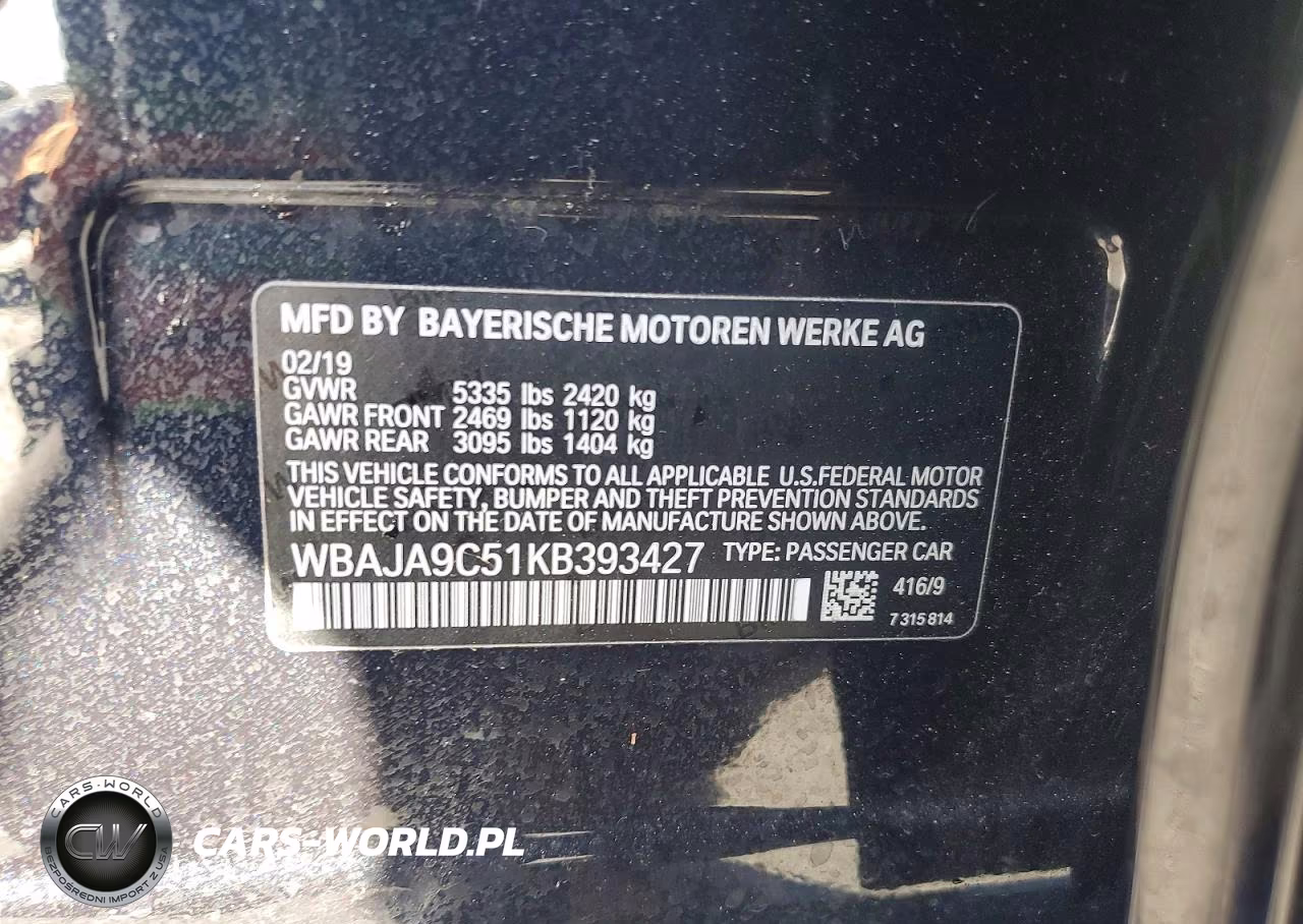 2019 BMW 530E VIN:WBAJA9C51KB393427 - 13