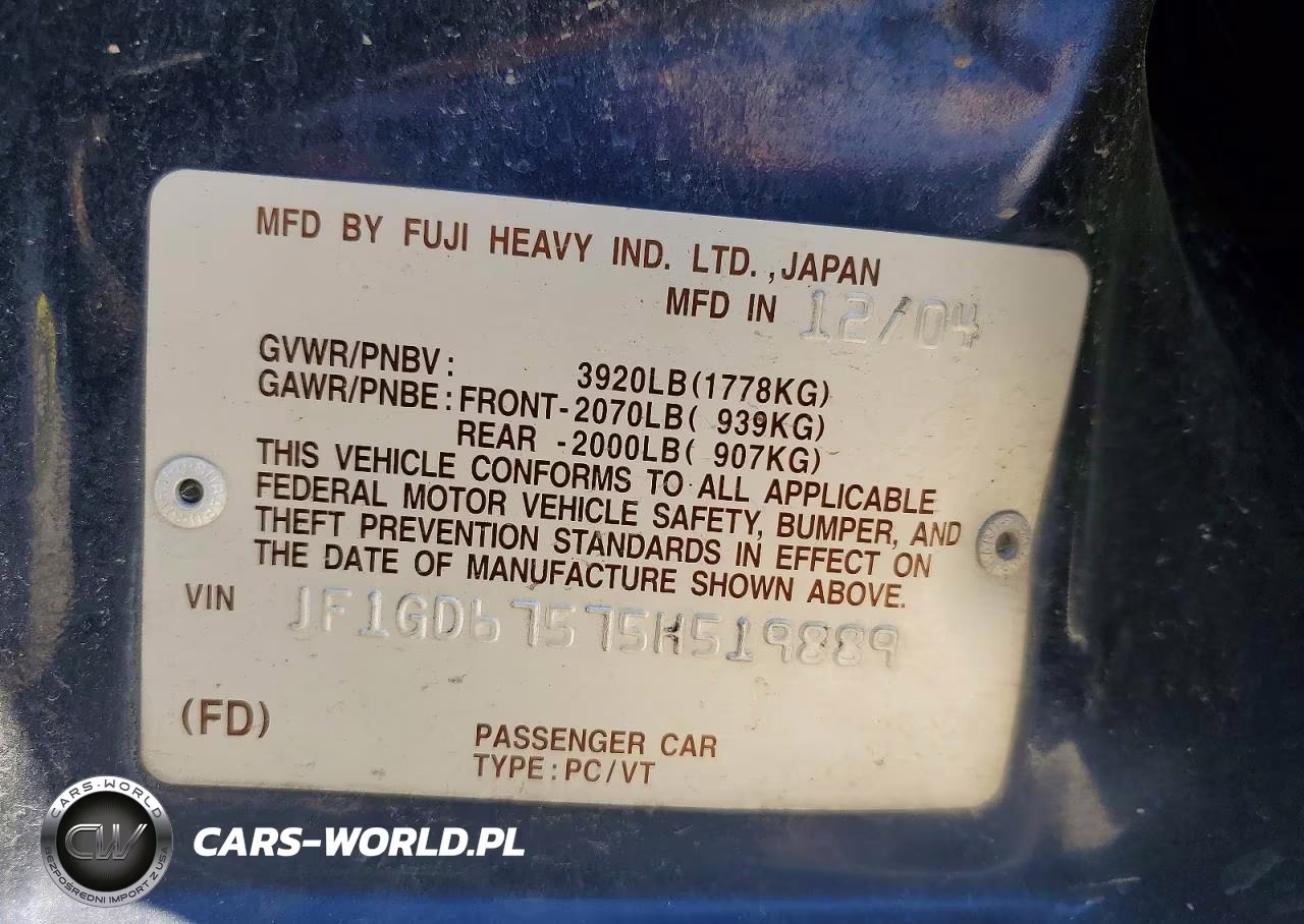 2005 Subaru Impreza Rs VIN:JF1GD67575H519889 - 12
