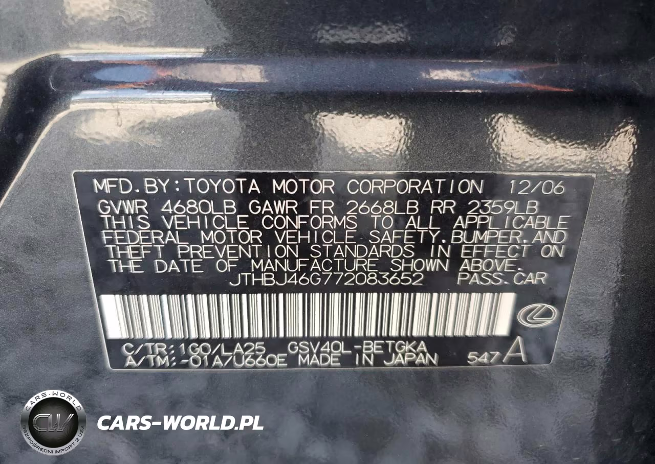 2007 Lexus Es 350 VIN:JTHBJ46G772083652 - 12