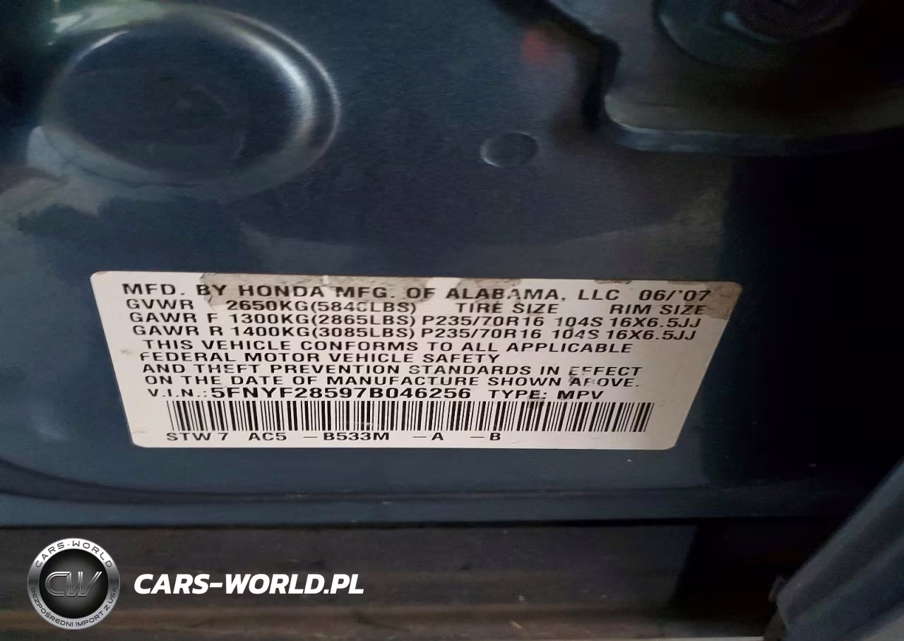 2007 Honda Pilot Exl VIN:5FNYF28597B046256 - 13