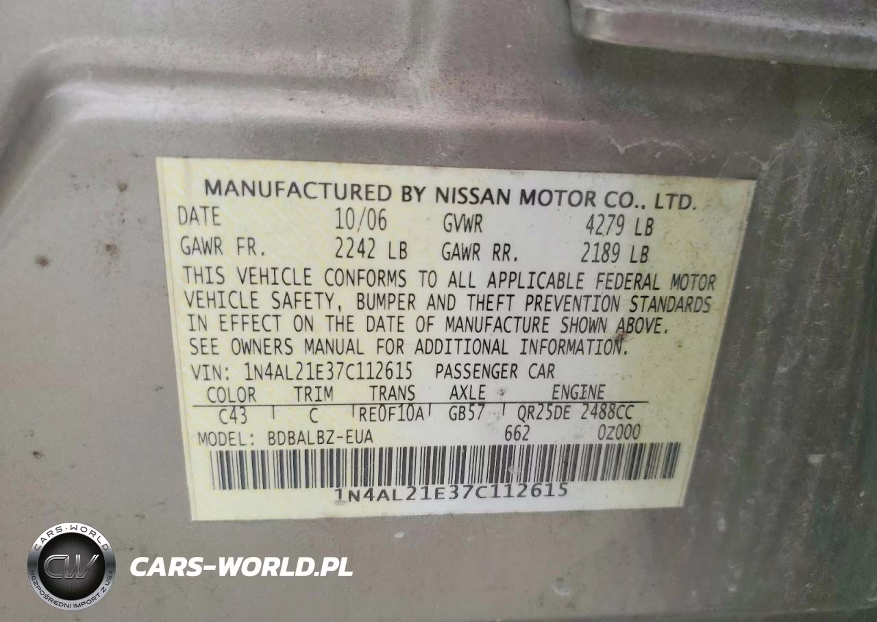 2007 Nissan Altima 2.5 VIN:1N4AL21E37C112615 - 12