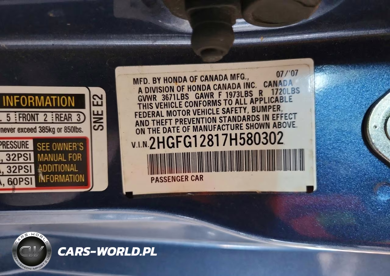 2007 Honda Civic Ex VIN:2HGFG12817H580302 - 12
