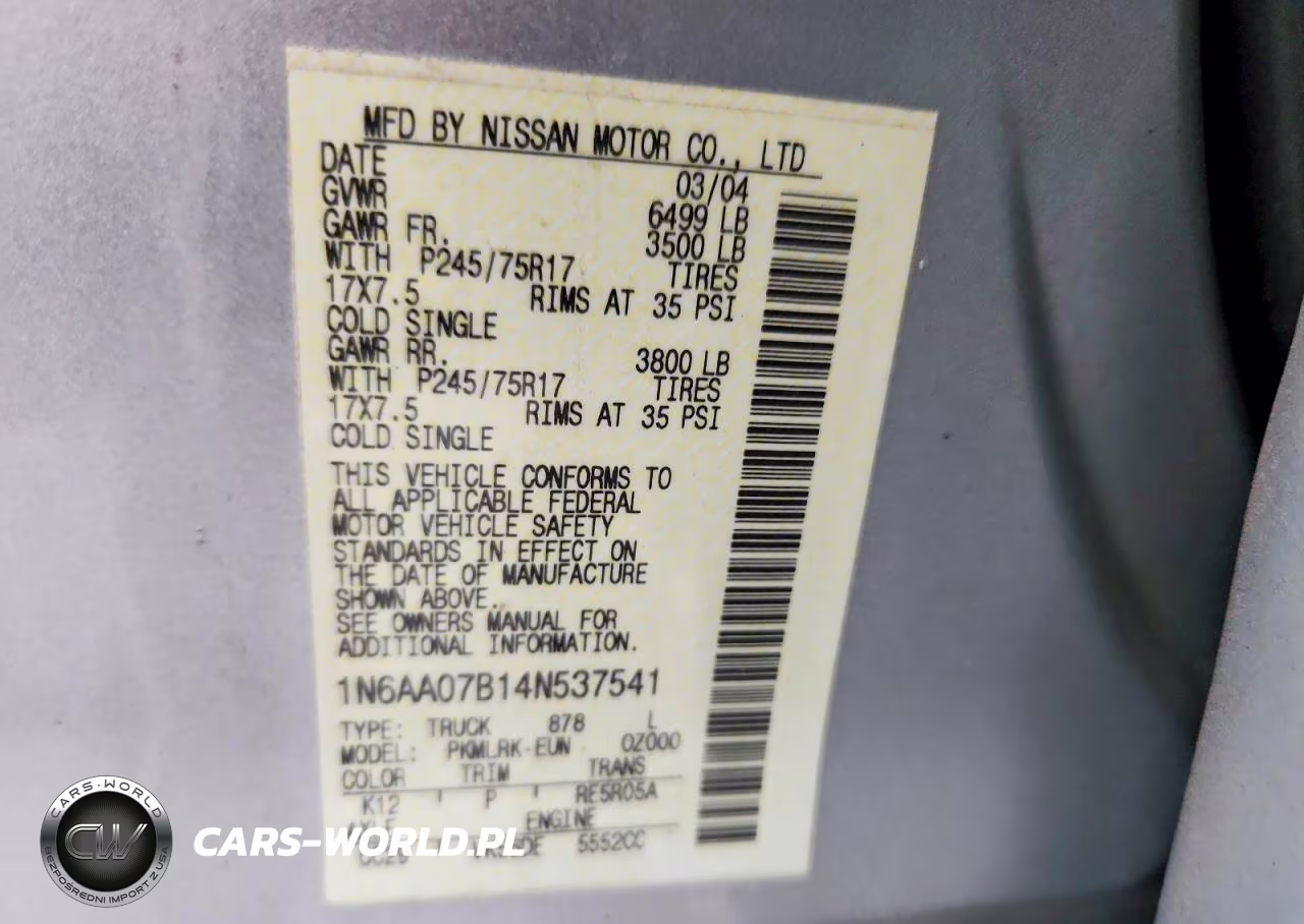 2004 Nissan Titan Xe VIN:1N6AA07B14N537541 - 12