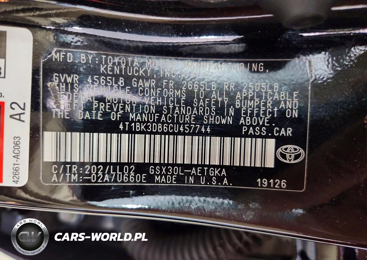 2012 Toyota Avalon Base VIN:4T1BK3DB6CU457744 - 12