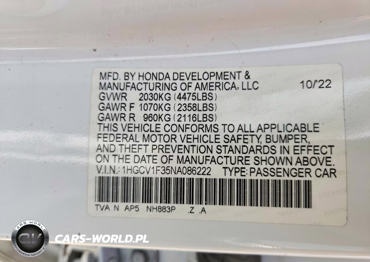 2022 Honda Accord Sport VIN:1HGCV1F35NA086222 - 13