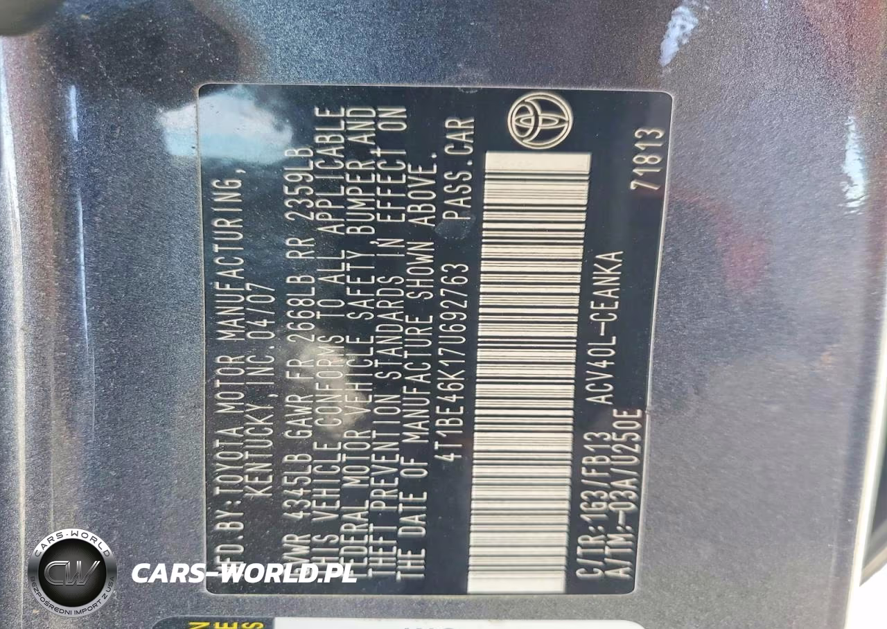 2007 Toyota Camry Le VIN:4T1BE46K17U692763 - 12