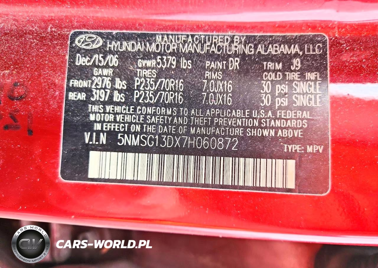 2007 Hyundai Santa Fe Gls VIN:5NMSG13DX7H060872 - 14
