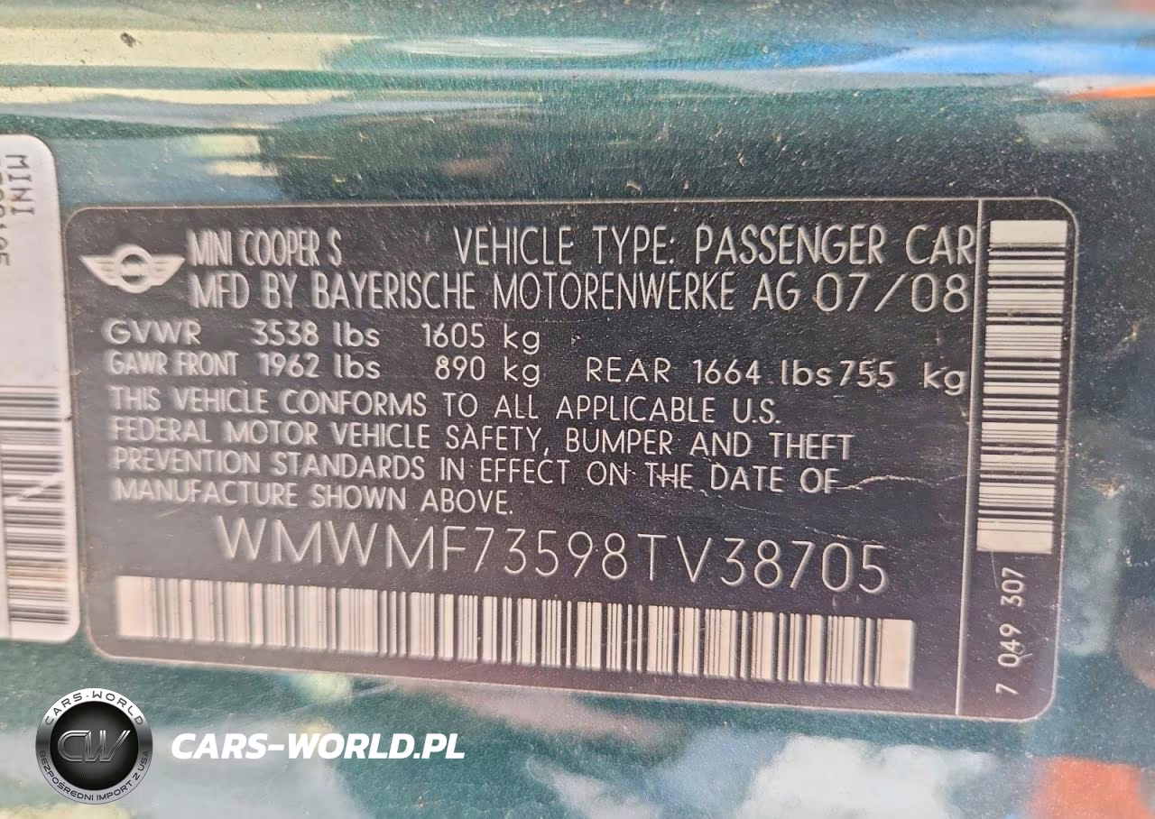 2008 Mini Cooper S VIN:WMWMF73598TV38705 - 12