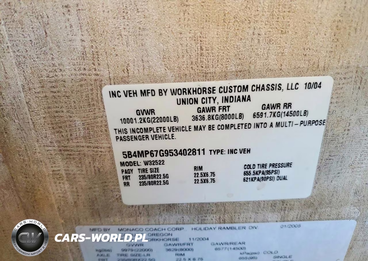 2005 Workhorse Custom Chassis Motorhome Chassis W22 VIN:5B4MP67G953402811 - 10