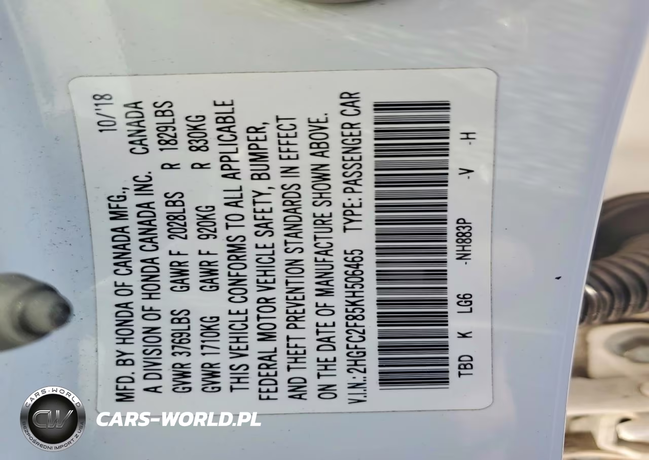 2019 Honda Civic Sport VIN:2HGFC2F85KH506465 - 12
