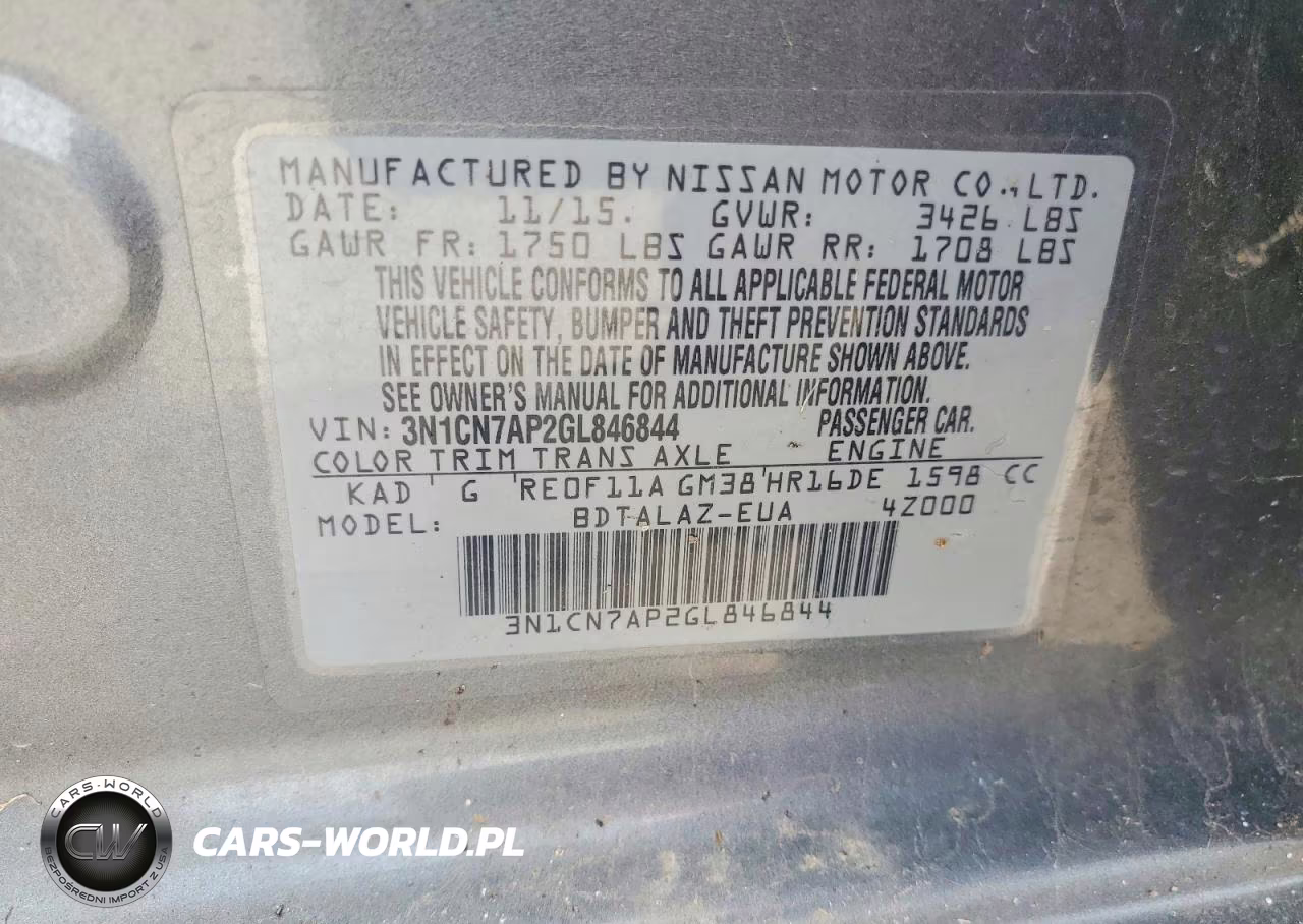 2016 Nissan Versa 1.6 S Plus VIN:3N1CN7AP2GL846844 - 13